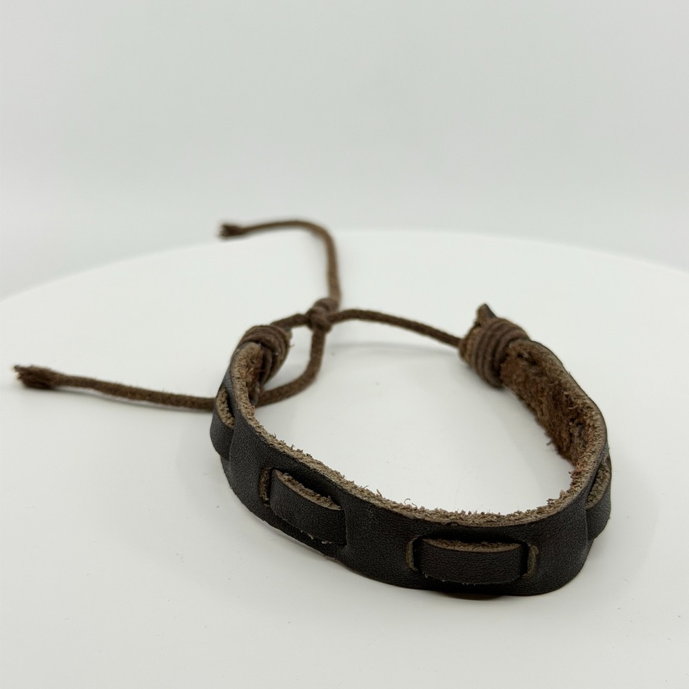 Minimalist Brown Leather Cuff Bracelet Adjustable Cord Unisex Boho Wristband